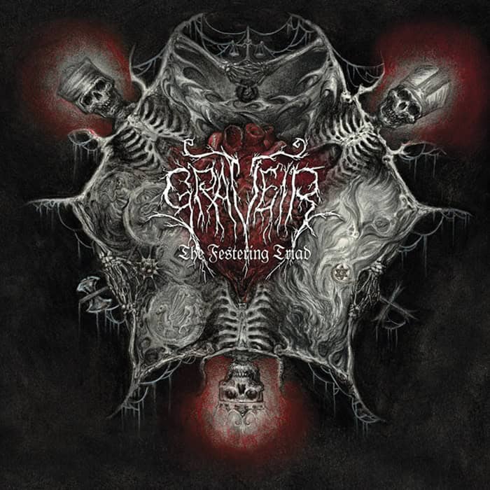 Dark, horror-themed metal album cover: mirrored skeletons form a heart-shaped central motif with cobwebby textures, red glow behind, and an intricate white band logo in the center.