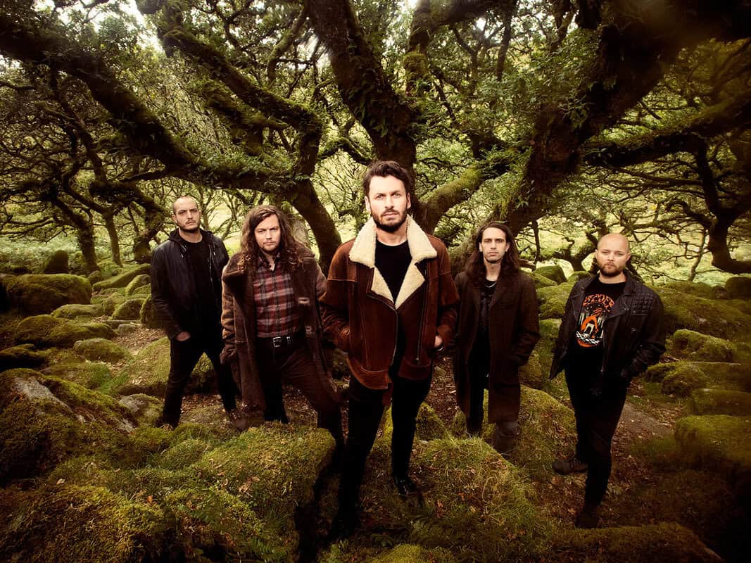 Five men (a rock band) pose in a mossy forest, wearing brown and black jackets and looking at the camera amid mossy rocks and twisted trees.