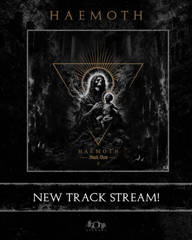 Dark album cover featuring a central haloed figure holding a child inside a gold outlined triangle and rays, with 'HAEMOTH' at top and 'Black Dust' label below.