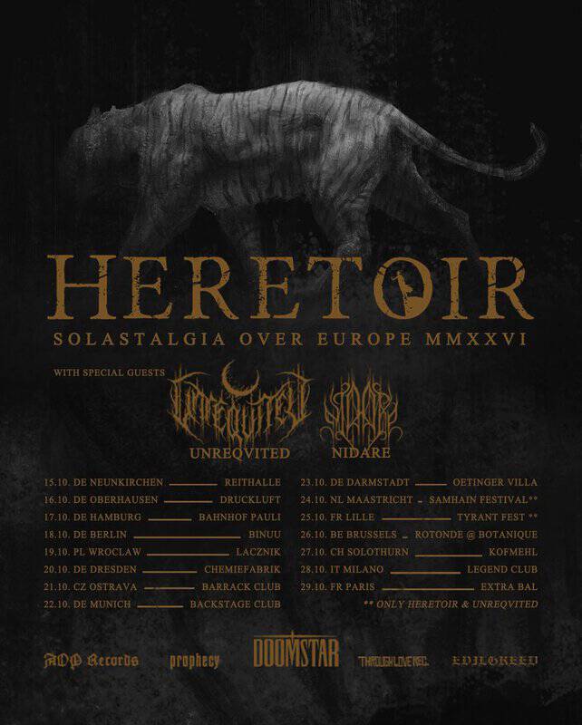 Dark tour poster for the band Heretor's Solastalgia Over Europe 2026, featuring a prowling tiger silhouette and gold serif typography with tour dates and venues.