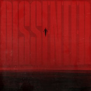 Silhouette of a person standing in the center of a large red abstract mural with vertical arches and a dark foreground.
