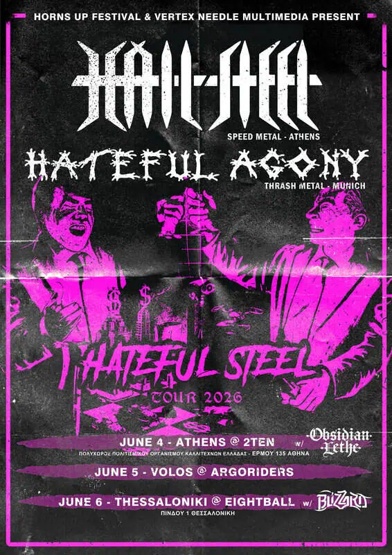 Event poster for Horns Up Festival; features metal bands Hateful Agony and Hateful Steel with Tour 2020 dates in Athens, Volos, Thessaloniki