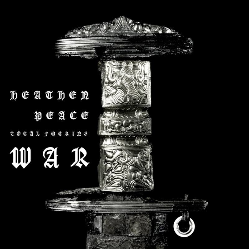 Ornate silver pillar on a black background with Gothic text: 'HEAVEN PEACE' and large 'WAR' with 'TOTAL FUCKING' nearby.