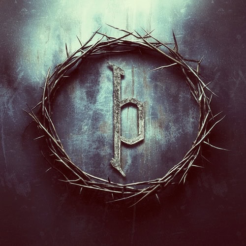 Lowercase metal letter 'h' centered inside a rough crown of thorns against a dark, textured background