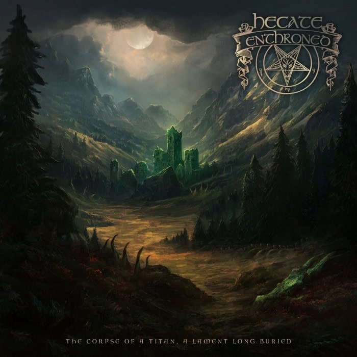 Moonlit valley with dark pines and glowing emerald crystal ruins at center; band logo in the top-right and album title at the bottom.