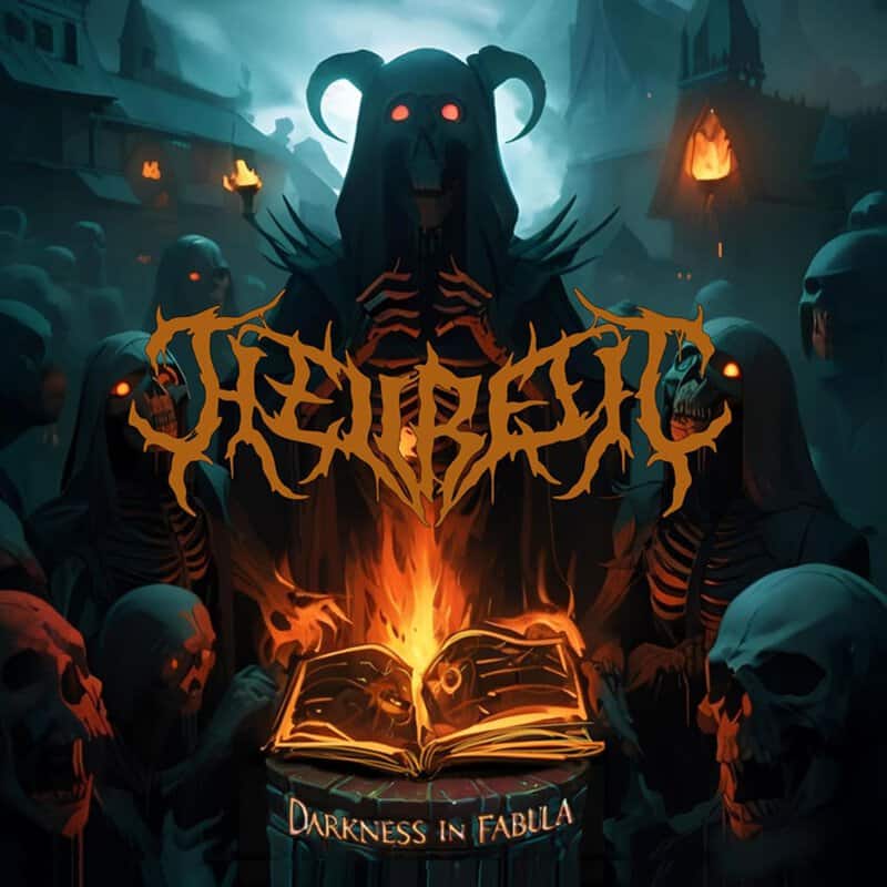 Dark, necromancer-like figure surrounded by skeletons around a blazing open book at a ritual fire, with eerie blue-lit ruins in the background.