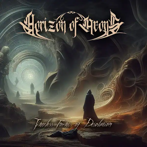 Album cover showing a hooded figure in a desolate cavern, a glowing tunnel in the distance, and ornate band title at the top.