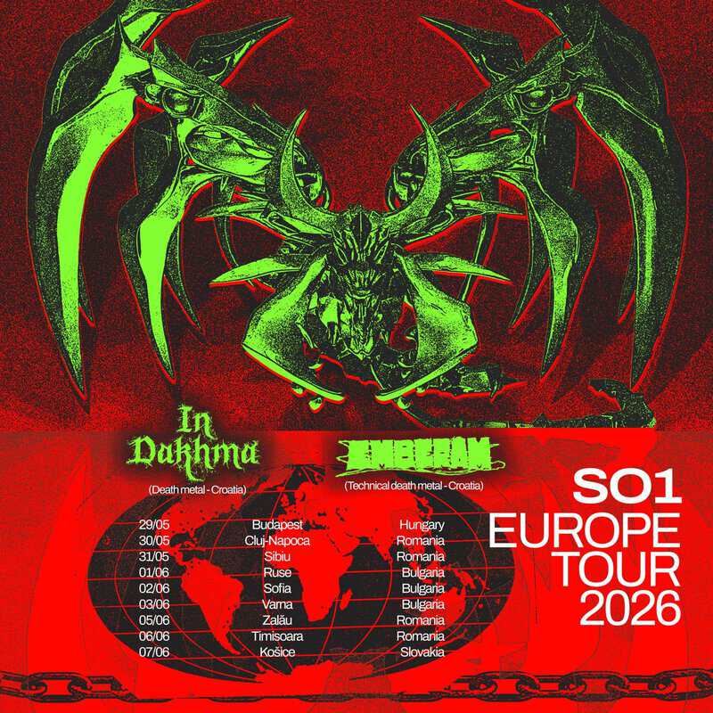 Concert poster advertising the 2006 Europe tour with a green, insect-like monster on a red background.