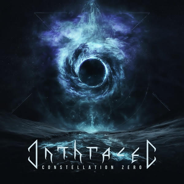 Album cover for Constellation Zero: a glowing blue vortex forming a black hole over a dark, stormy cosmic sea