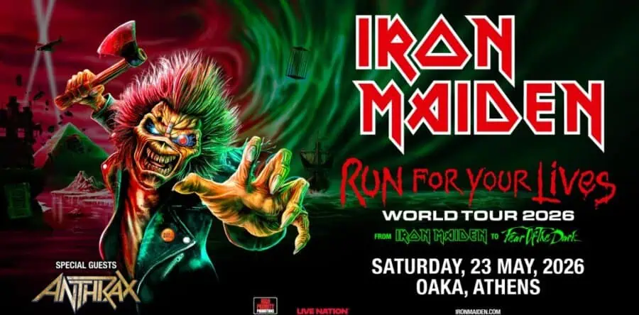 Iron Maiden World Tour 2026 poster with Eddie the zombie, date May 23, 2026 in Athens; special guest Anthrax.