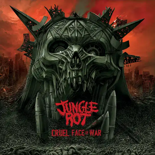 Dark, skull-shaped fortress built from metal in a war-torn landscape under a red sky; features 'Jungle Rot' and 'Cruel Face of War' text in red.