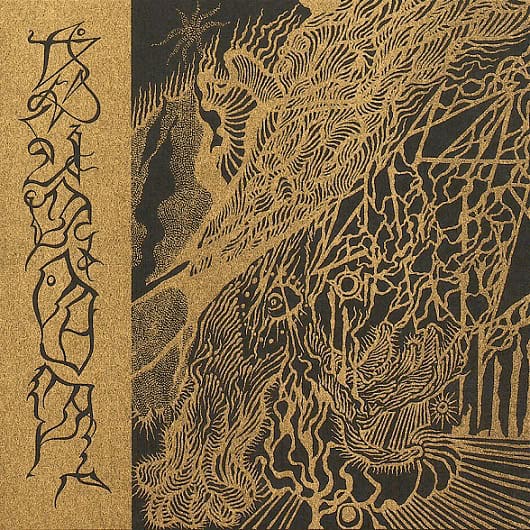 Book cover with intricate gold line art of tangled foliage on black, and vertical decorative script along the left edge.