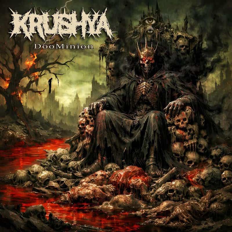 Demon king seated on a throne amid skulls and molten lava, a dark apocalyptic landscape with the heavy metal album title text above.