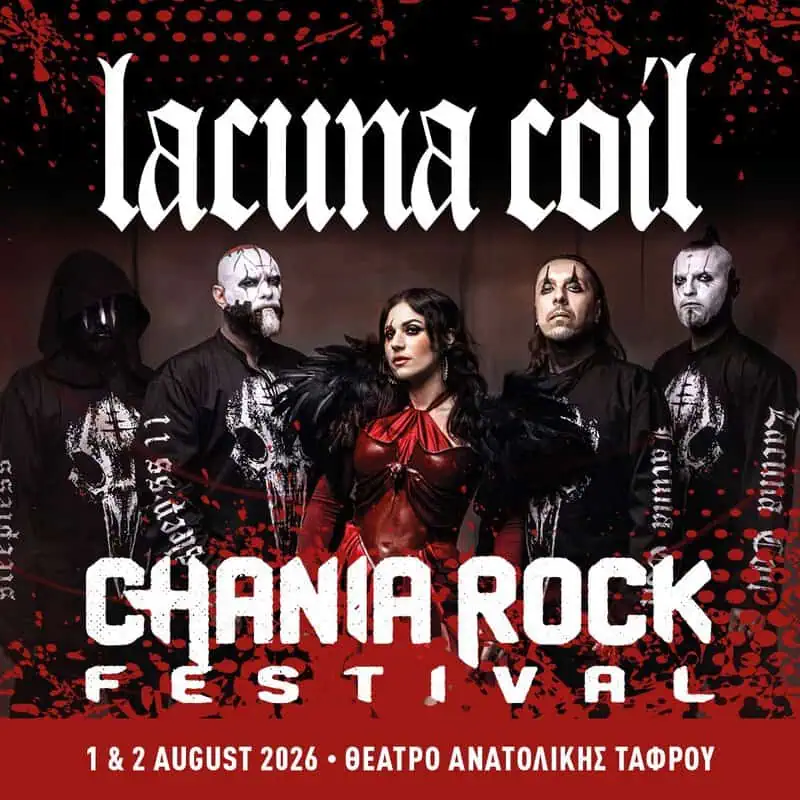 Lacuna Coil Canada Rock Festival poster featuring a woman in a red outfit center stage with four black-clad band members around, bold white text and festival dates August 1–2, 2026.