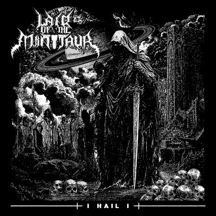 Black-and-white metal album cover: a hooded grim reaper with a sword amid skulls and a desolate landscape; band logo at top, 'I Hail' at bottom