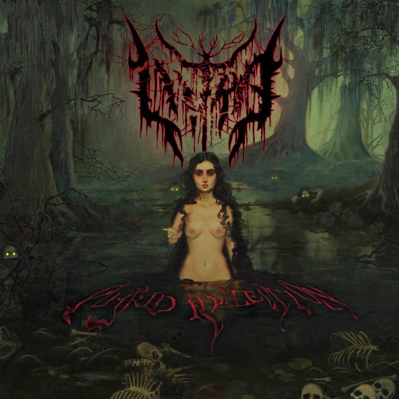Album cover art: a nude woman emerging from a dark swamp, eerie glowing eyes in the trees, with a jagged red-black band logo above.