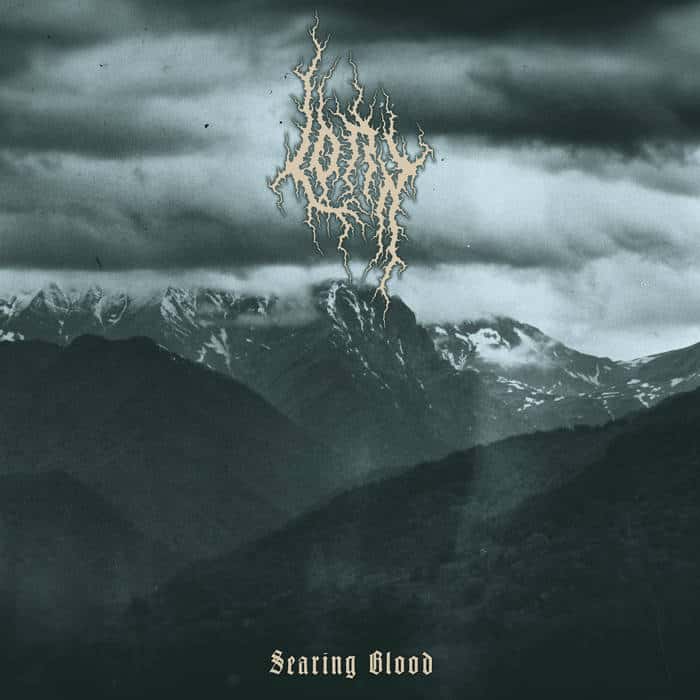 Album cover: dark, stormy mountain landscape with a gold, jagged band logo above the peaks and the title 'Searing Blood' at the bottom.