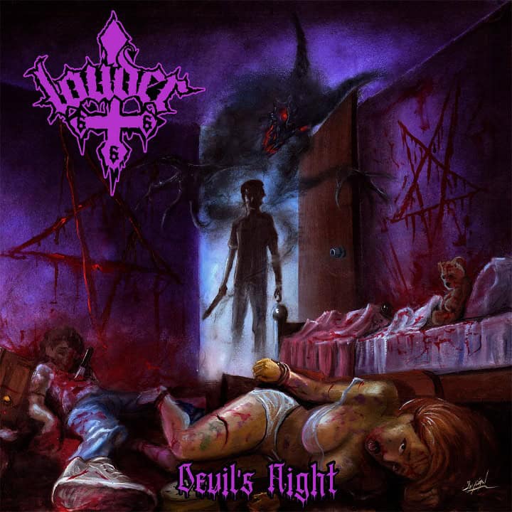 Album cover showing a disturbing bedroom scene: a shadowy figure steps from a glowing doorway, surrounded by bloodied bodies, a teddy bear on a pink bed, purple lighting, and the title 'Devil's Night' at the bottom.