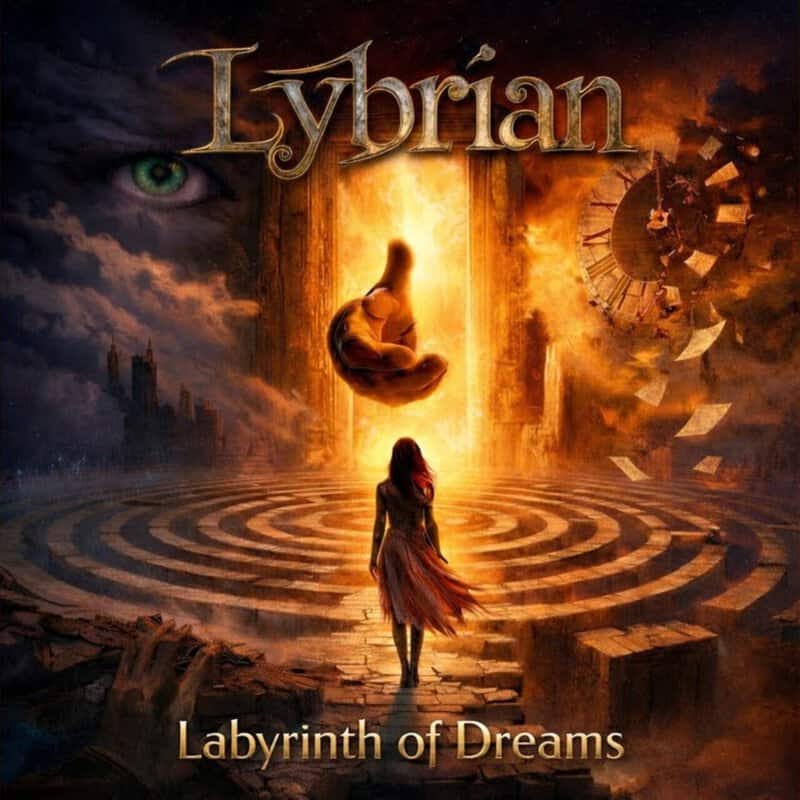 Fantasy book cover: a woman in a flowing dress stands at the edge of a glowing spiral labyrinth, a hovering figure inside a bright doorway, with a shattered clock motif to the right; title at top and 'Labyrinth of Dreams' at bottom.