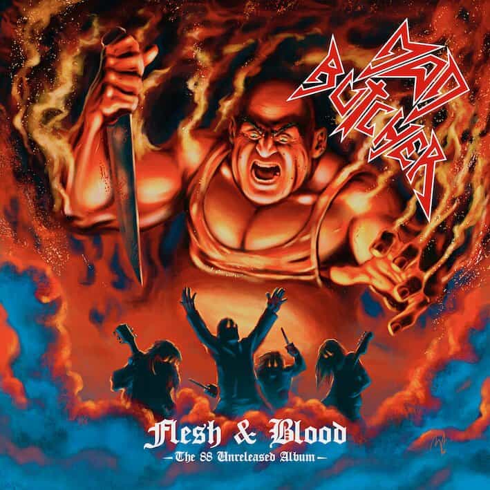 Album cover for Flesh & Blood: a muscular man wields a knife amid blazing flames, fans raise their fists below; jagged band logo top-right.