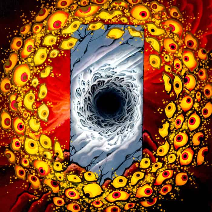 Abstract artwork featuring a black vortex at the center, framed by a blue icy panel, surrounded by a halo of yellow eye-like shapes on a red, fiery background.