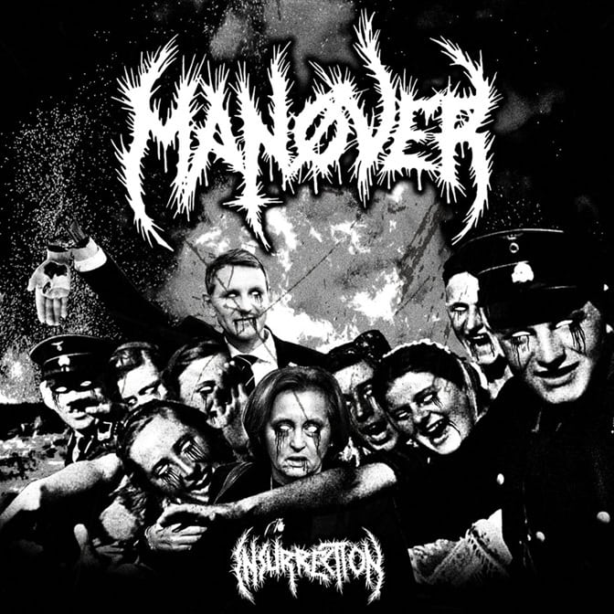 Black-and-white metal album cover showing zombie-like figures grabbing a central person amid explosions; jagged band logo above and album title below.