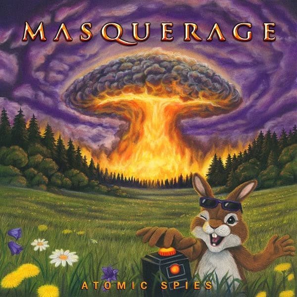 Album cover for Masquerage: Atomic Spies showing a cartoon rabbit with goggles in a green field as a nuclear mushroom cloud erupts in the background.