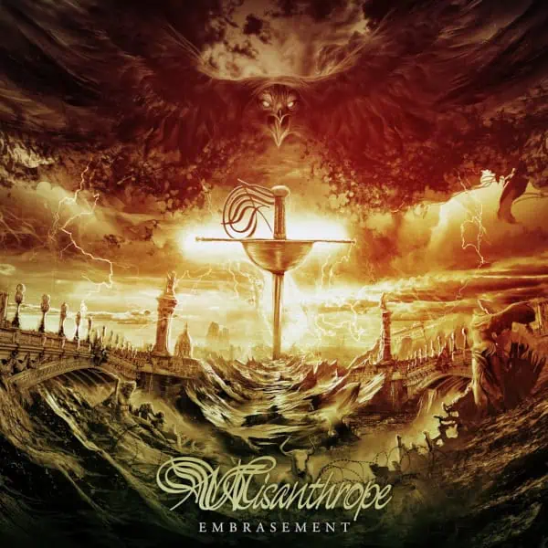 Fiery apocalyptic album cover: a sword in a pedestal rises above crashing seas and a ruined bridge, with a dark stormy face in the clouds.