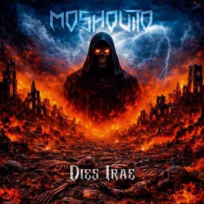 Hooded skeletal figure looming over a fiery ruined landscape with blue lightning, album title MOSQUITO at the top and Dies Irae at the bottom.