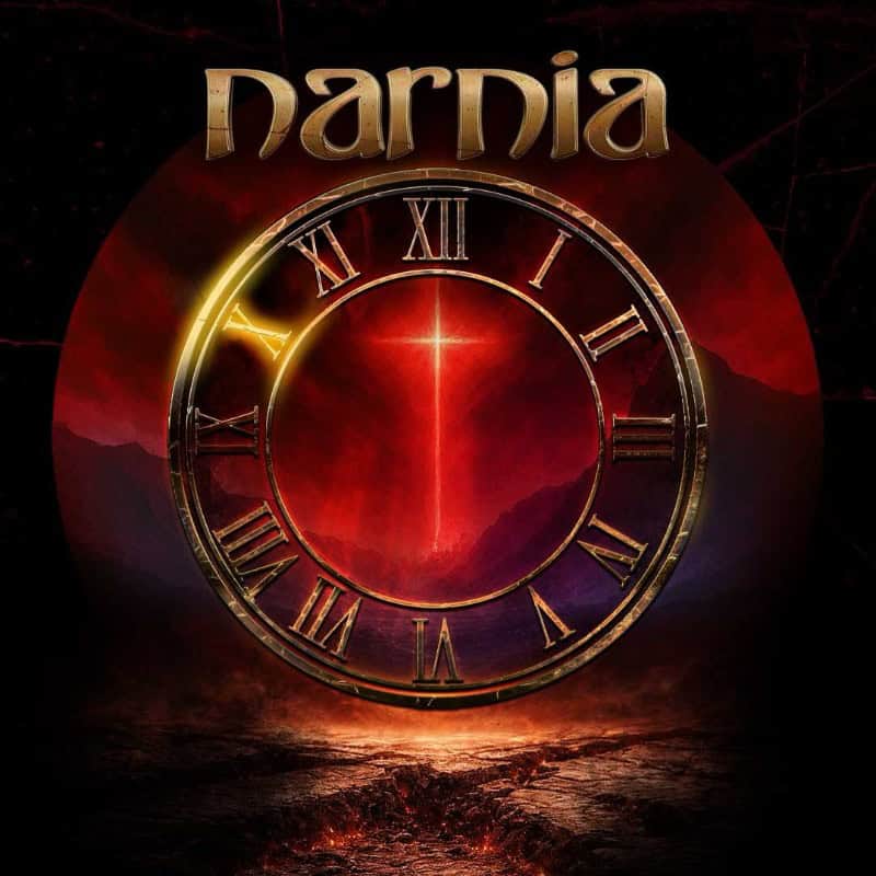 Narnia cover art: a large gold Roman numeral clock ring with a red glowing core against a dark, fiery landscape; the word 'Narnia' appears above the clock.