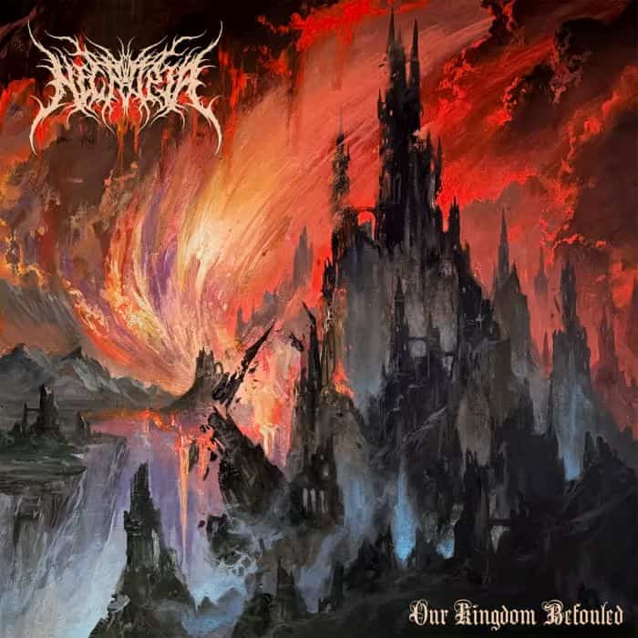 Album cover art showing a jagged, dark castle amid a fiery red‑orange sky; the band logo sits in the top-left corner.
