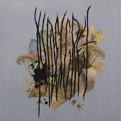Album cover with a pale lavender background, a collage of dried flowers and torn paper, overlaid by a jagged black logo across the center.