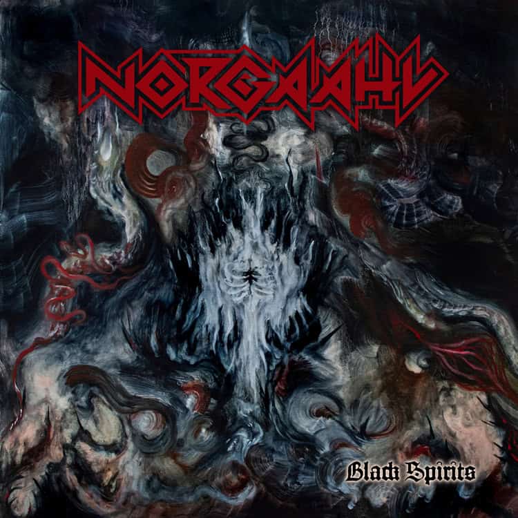 Album cover: dark, chaotic fantasy art with a pale central figure; red band logo at the top and 'Black Spirits' in gothic font at the bottom right.