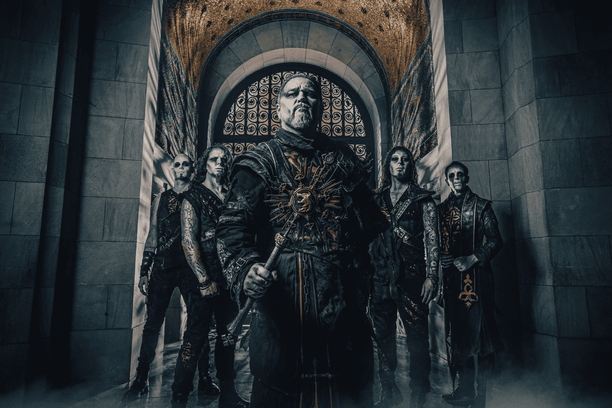 Central armored warrior with a gold sun emblem stands before four followers in a dark stone hall.