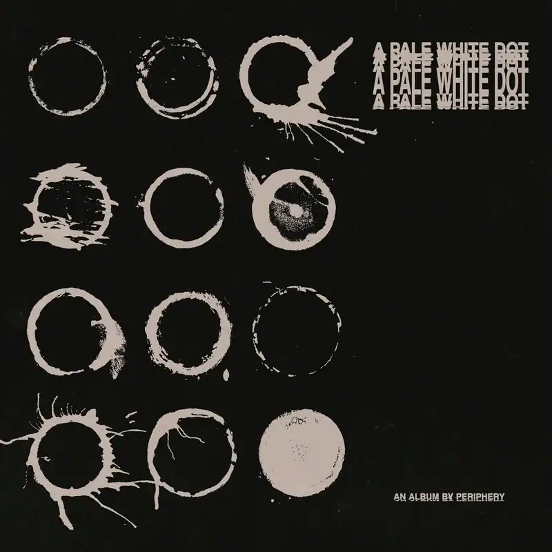 Album cover for Periphery's 'A Pale White Dot' showing pale-pink coffee-ring circles on a black background with the title in the upper-right corner and 'An Album by Periphery' at the bottom-right.