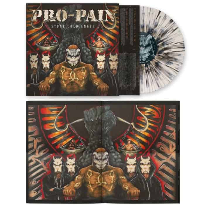 Double album packaging: top vinyl sleeve with hellish demon artwork and 'PRO-PAN' title; right-side splatter vinyl. Bottom shows a large poster reproducing the same demon-centered image.