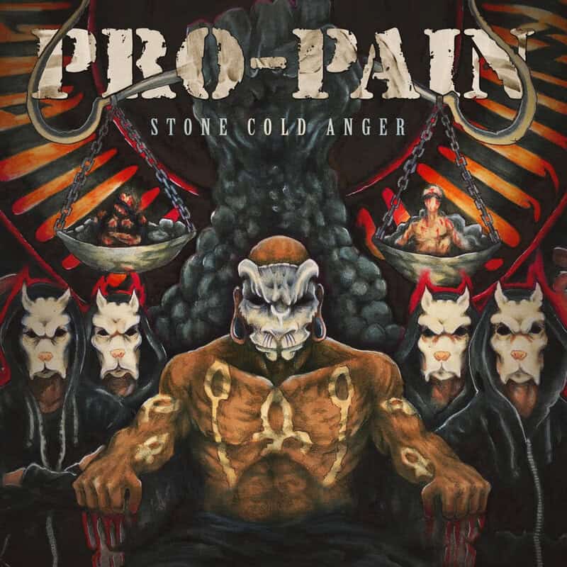 Album cover for DRO-DAN's 'Stone Cold Anger': a muscular demon seated front and center, flanked by hooded wolf-masked figures with a fiery red backdrop.
