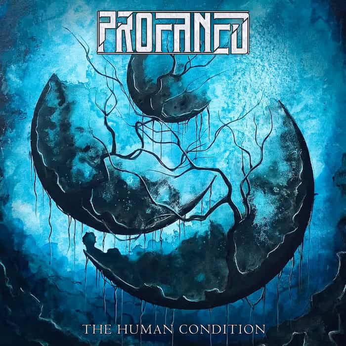 Album cover in blue tones showing a large cracked crescent moon with vine-like lines, and the title 'The Human Condition' at the bottom.
