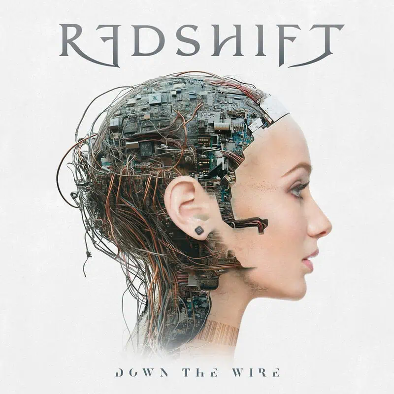 Side profile of a woman's head with exposed circuitry and wires merging into her skull, conveying a cyborg/tech fusion theme; album title REDSHIFT above.