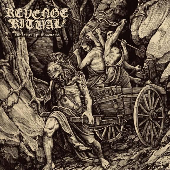 Black-and-white woodcut-style album cover showing a tormented man dragging himself toward a wooden wagon as others raise weapons in a forest setting, for a heavy metal release.