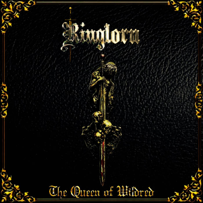 Album cover with a gold dagger and skulls against a black leather background, ornate gold frame, top band name in gothic lettering and bottom title reading 'The Queen of Weird' (approximate).