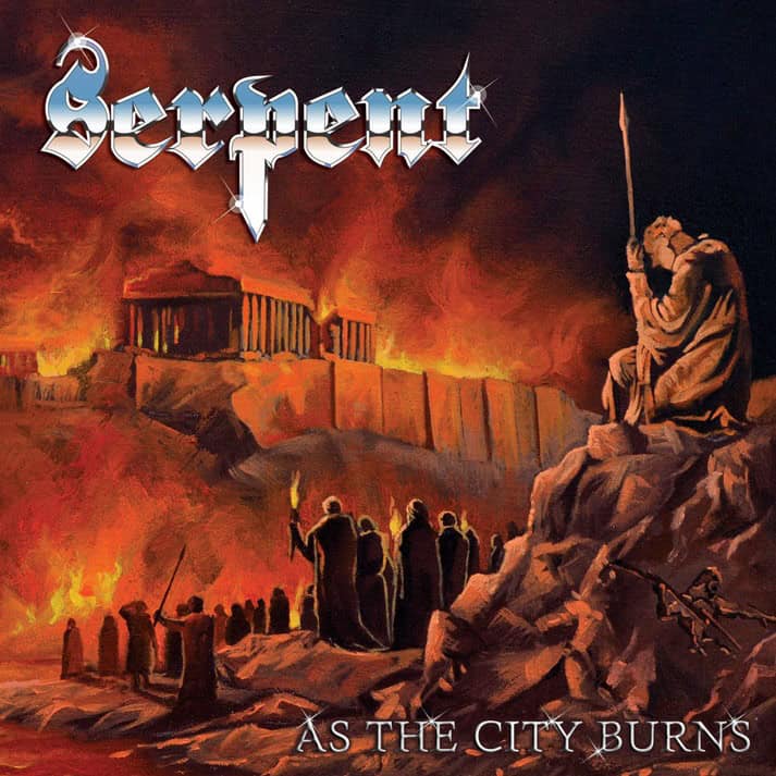 Album cover depicting a burning ancient city with flames, a crowd of torch-bearing figures advancing toward a statue on a rocky outcrop, band name at the top and 'As the City Burns' at the bottom.