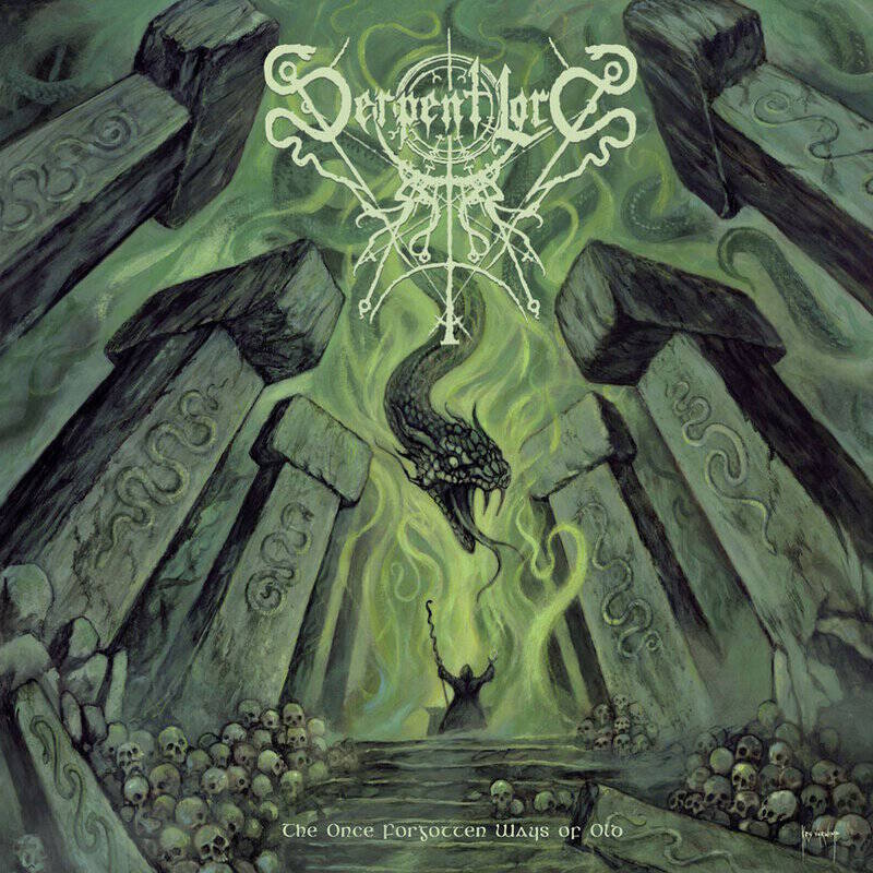 Album cover: dark green fantasy scene with towering stone pillars, skulls along the ground, a green flame forming a serpent above a robed figure raising a staff; band logo and title at the top read 'The Once Forgotten Ways of Old'.