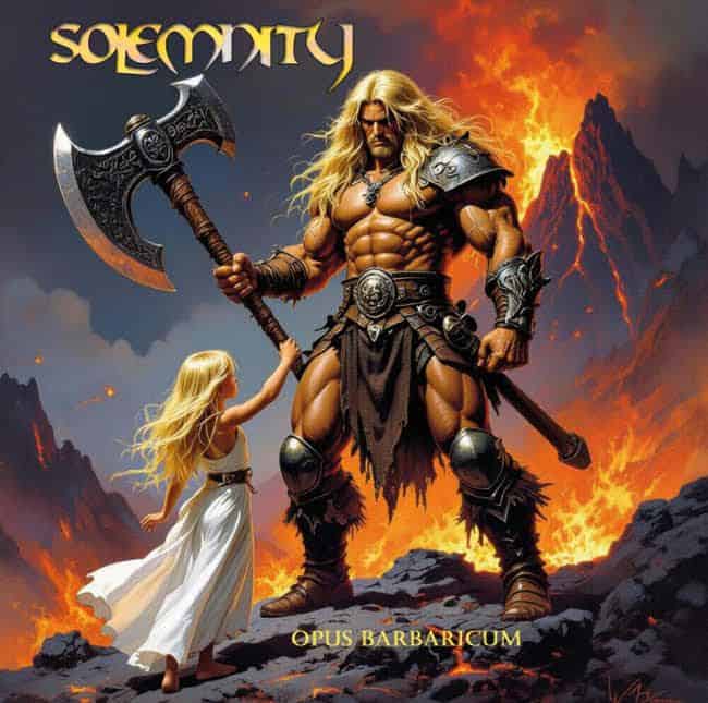 Epic fantasy cover: a towering muscular barbarian with long blond hair and armor, wielding a large double-headed axe, facing a small blonde woman in a white dress against a fiery volcanic landscape; title and lava glow dominate the scene.