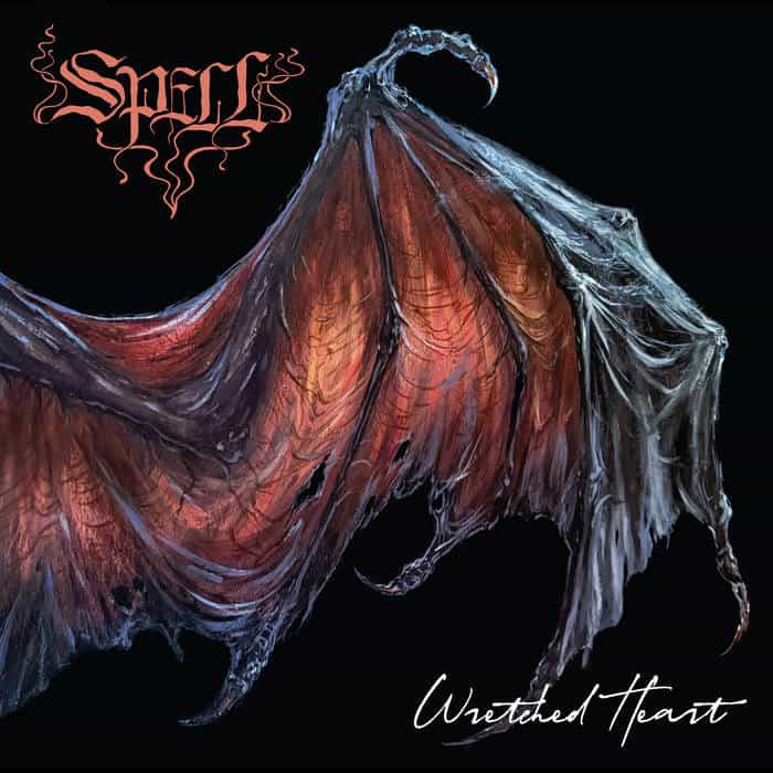 Album cover for 'Wretched Heart' by Spells, featuring a torn, bat-like wing in red and blue hues on a black background with the Spells logo in the top left.