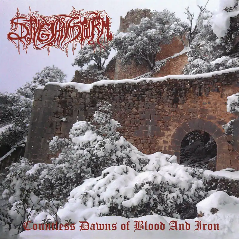 Snowy medieval stone ruin with an arched doorway; band logo in red gothic text at top left and album title 'Countless Dawns of Blood And Iron' bottom center.