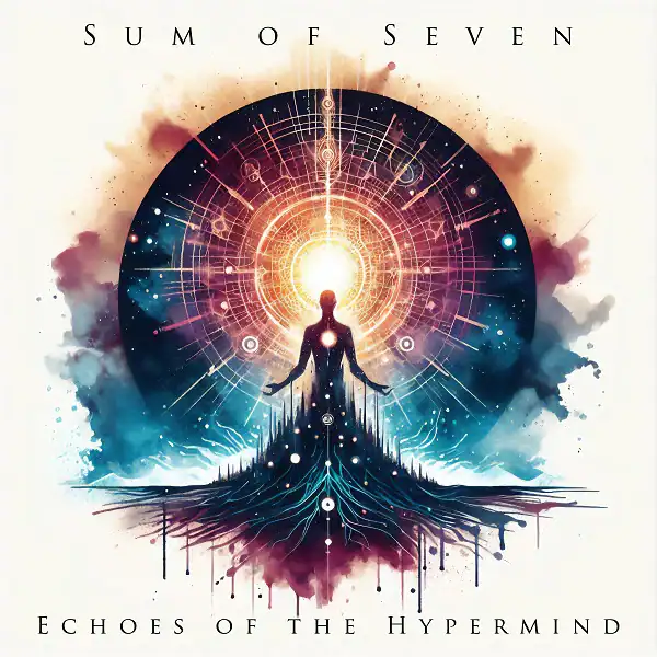 Album cover for 'Sum of Seven: Echoes of the Hypermind' featuring a glowing, meditative silhouette before a radiant circular halo and cosmic splashes of color.