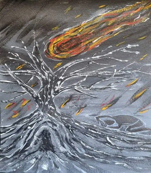 Abstract painting of a gnarled white tree with bare branches against a gray background, a fiery orange meteor streaking overhead.