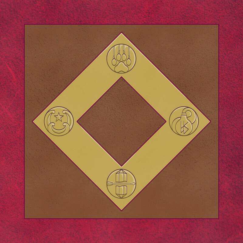 Decorative brown textured background with overlapping gold diamond shapes containing circular emblems, bordered by a red textured frame.