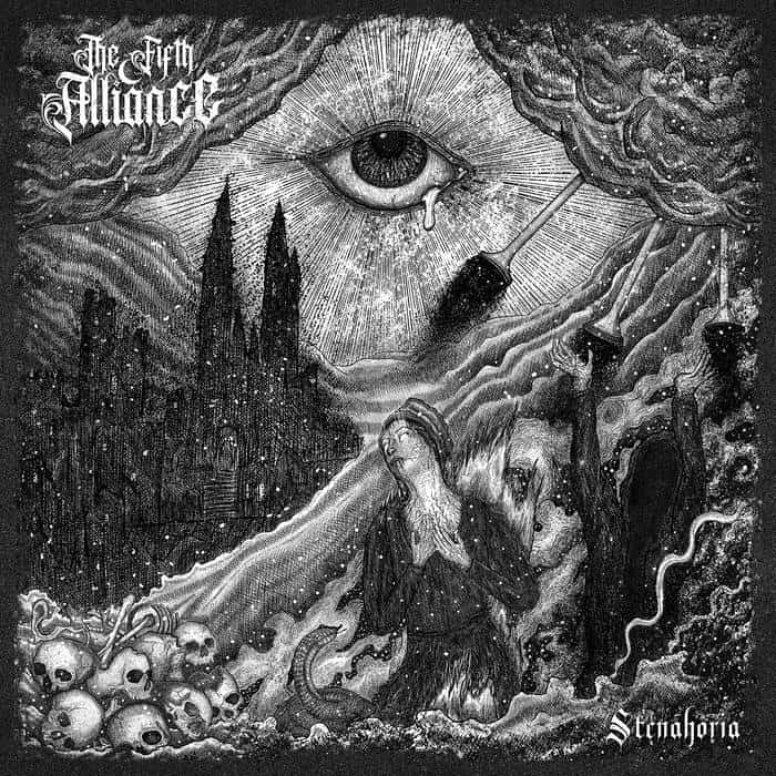 Album cover for The Fifth Alliance: dark, surreal scene with a large eye in the clouds, skulls, a grieving woman, and ominous towers for the Strahoria release.